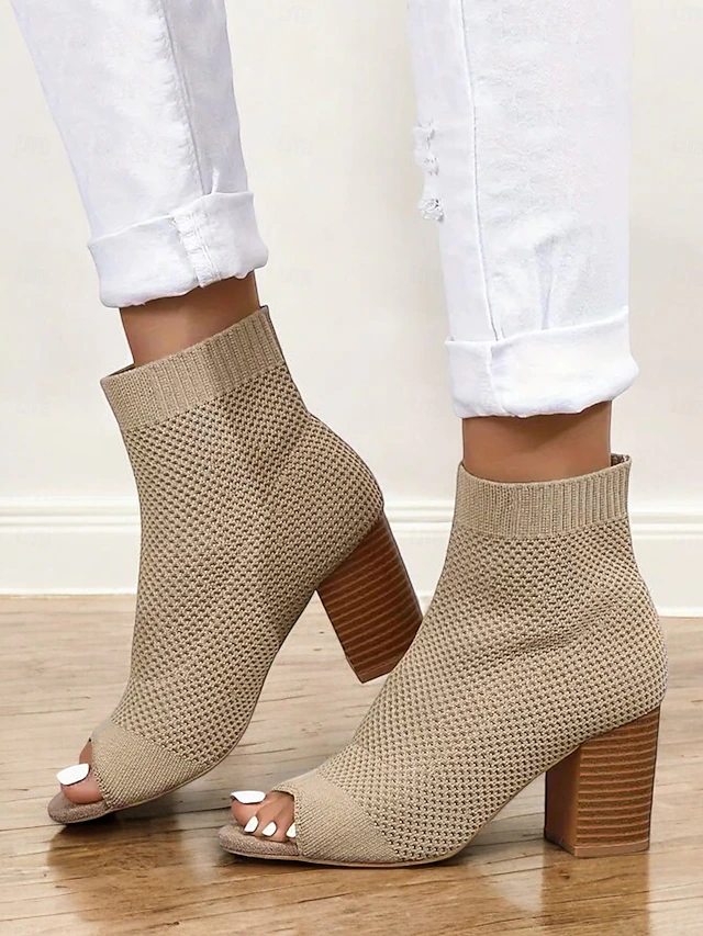Women's Beige Knitted Peep Toe Ankle Boots – Chunky Heel Sock Booties for Casual Spring and Fall Outfits 15