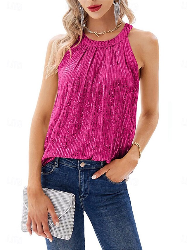  Women's Camisole Tank Top Camis Solid Color Sexy Casual Sleeveless Halter Neck Regular Tops Party Sequins Wine Fuchsia Gold Summer
