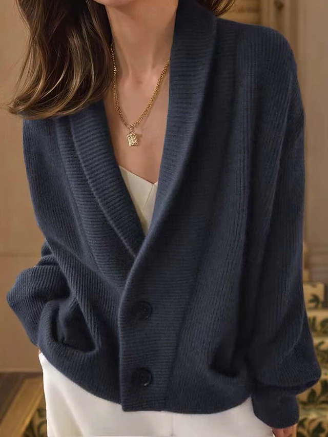 Women's Cardigan Daily Basic Solid Color Open Front Knitted Long Sleeve Regular Tops Knit Work Navy Blue Brown Fall Winter 5