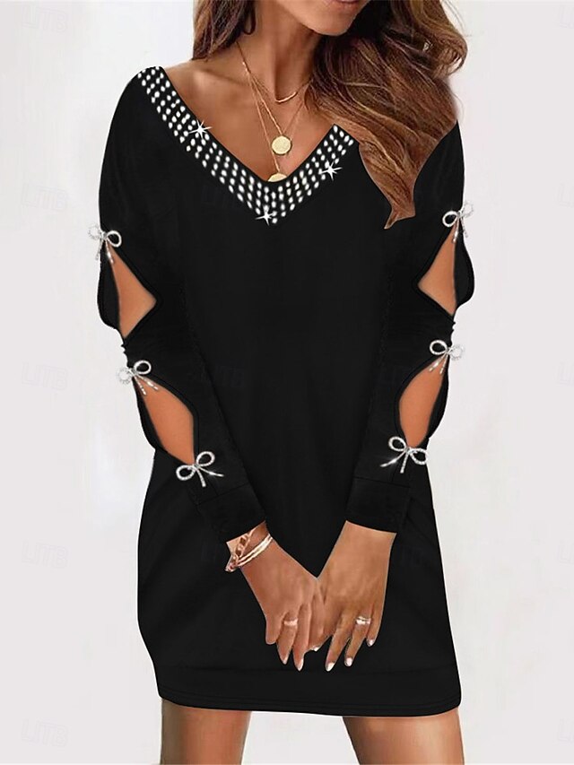 Women's Mini Dress Black Dress Sequin Dress Casual Dress Cocktail Dress Casual Sports & Outdoor Street Regular Fit Plain Long Sleeve V Neck Black Fall Winter4