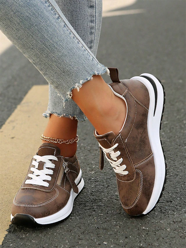 Women's Brown Faux Leather Casual Sneakers with Side Zipper – Comfortable Lace-Up Shoes for Everyday and Outdoor Wear 17