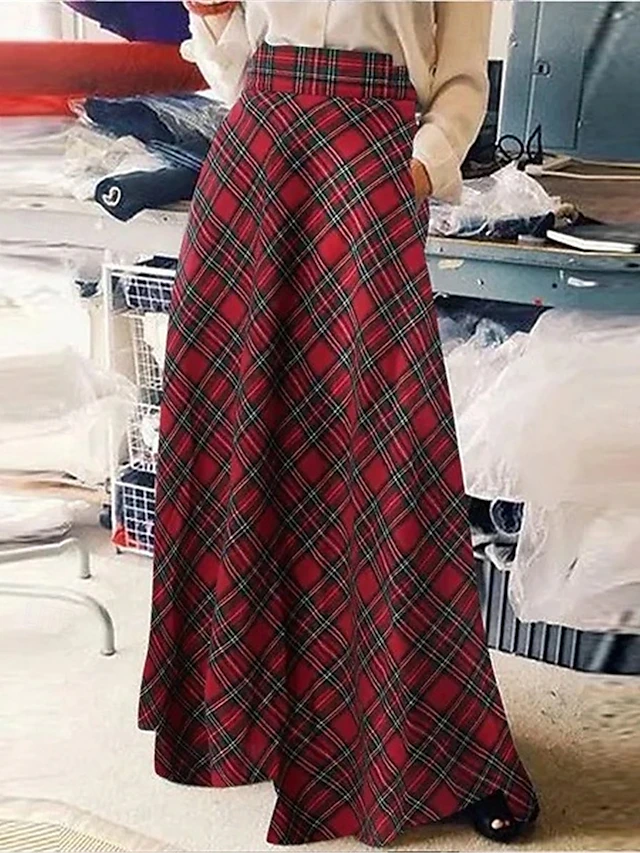 Women's Skirt A Line Maxi Skirts Pocket Print Plaid Street Daily Winter Fashion Casual Black Red Green 7