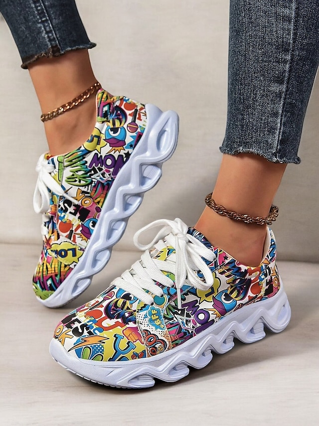  kleurrijke grafische print sneakers voor dames – trendy lichtgewicht veterschoenen met zachte zool