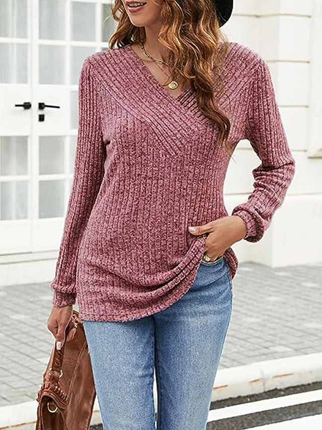 Women's Sweater Pullover Sweater Jumper Casual Soft Pure Color Ribbed V Neck Knitted Long Sleeve Regular Tops Knit Outdoor Daily Weekend Black Fuchsia Fall Winter 14
