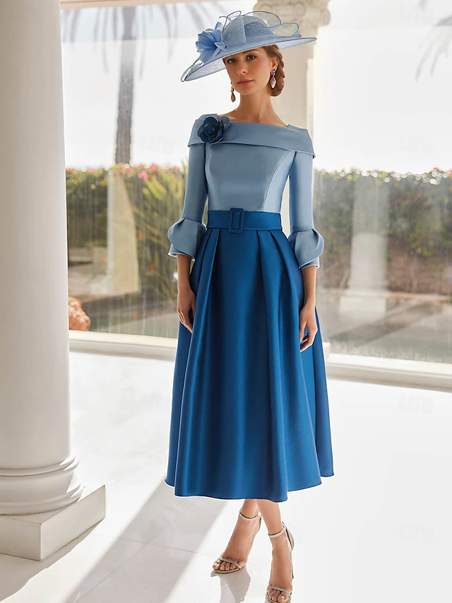 A-Line Cocktail Dresses Beach Wedding Elegant Dress Formal Ankle Length 3/4 Length Sleeve Boat Neck Belt / Sash Satin with Shouder Flower Dresses4