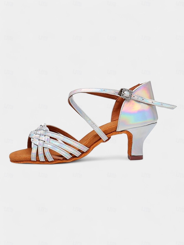  Women's Silver Holographic Dance Sandals with Soft Suede Sole, Cross-Strap Design and Low Heel - Ideal for Salsa, Latin, and Ballroom Dancing