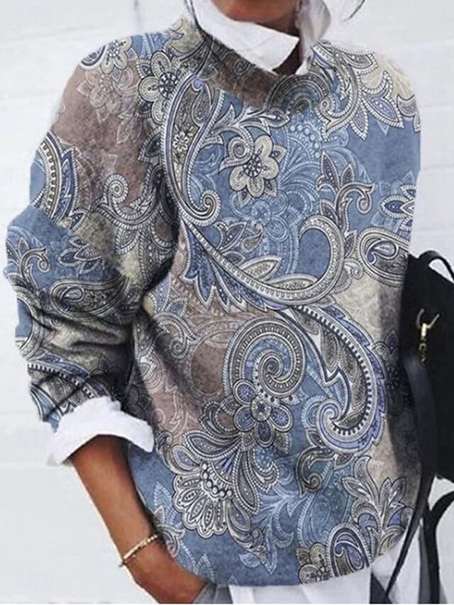 Women's Shirt Blouse Floral Paisley Basic Casual Long Sleeve Crew Neck Regular Tops Daily Print Blue Brown Gray Fall Winter4