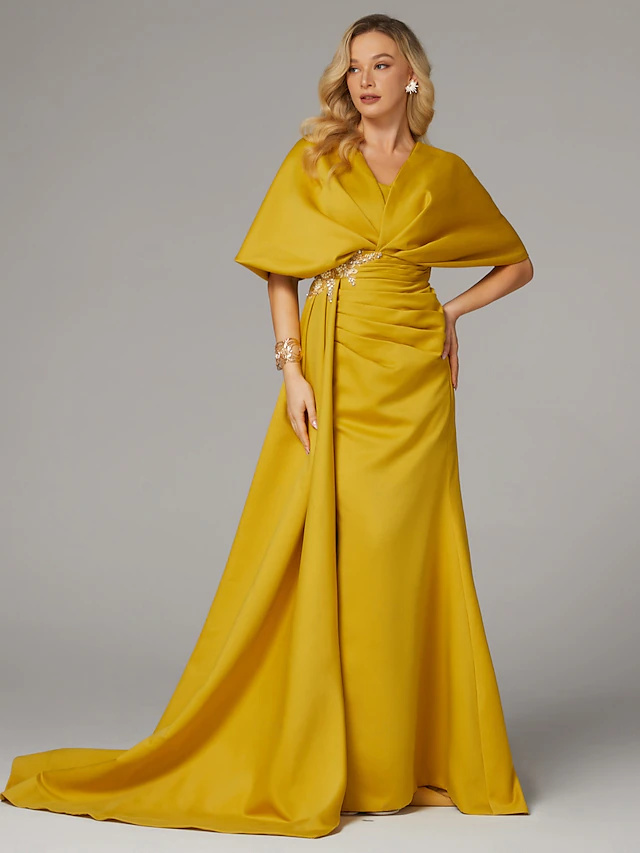 Sheath Evening Gown Elegant Dress Formal Sweep / Brush Train Half Sleeve Floor Length V Neck Satin with Pleats Ruched Crystals 10