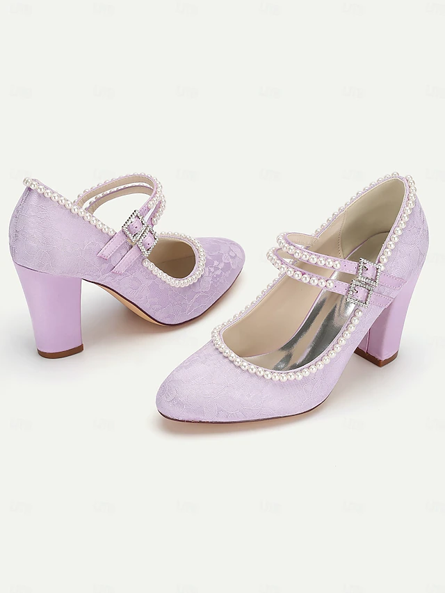 Women's Purple Lace Mary Jane Heels - Pearl Embellished Block Heels for Weddings, Parties, and Elegant Occasions 11
