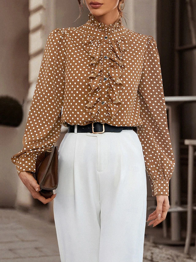 Women's T Shirt Polka Dot Modern Casual Long Sleeve High Neck Regular Tops Daily Black Brown Fall Winter 8