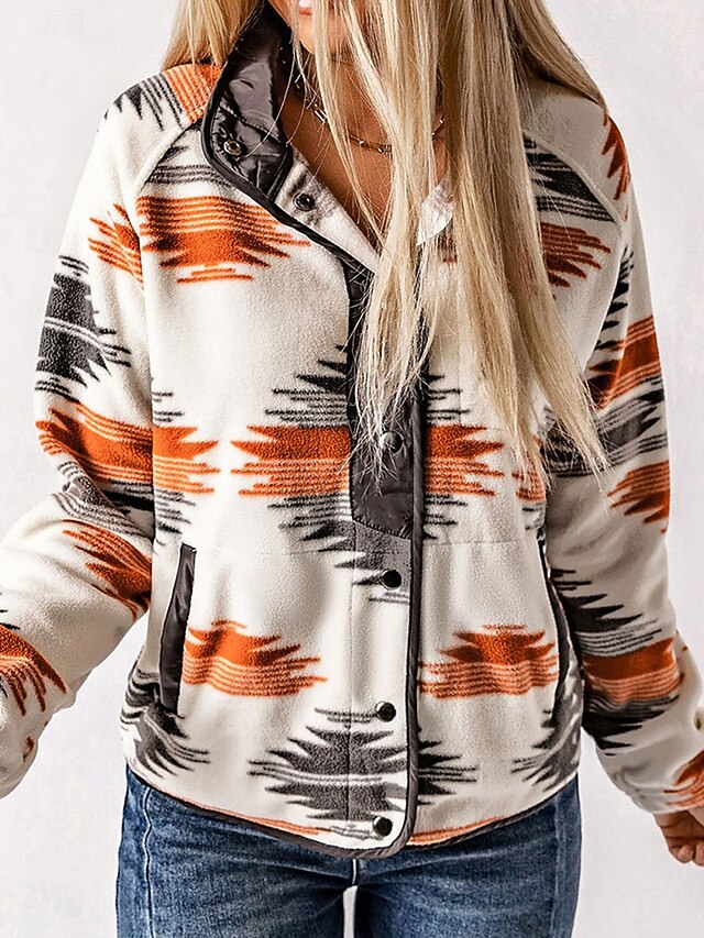 Women's Casual Jacket Outdoor Street Daily Wear Fall Winter Regular Coat Regular Fit Thermal Warm Breathable Ethnic Style Vintage Style Casual Jacket Long Sleeve Geometric with Pockets Print Orange 6