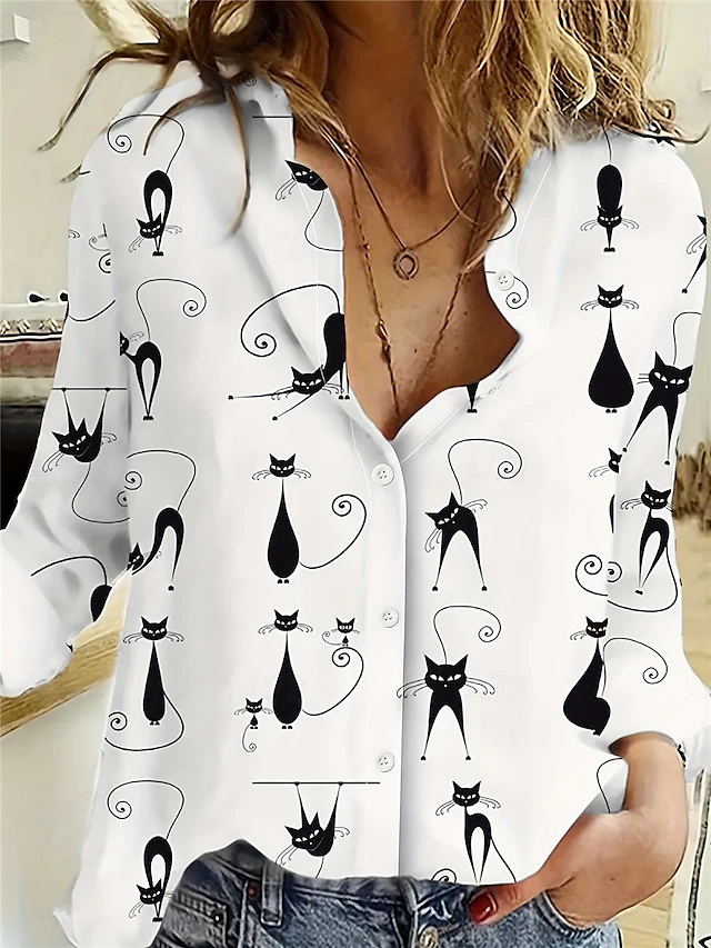 Women's Shirt Button Down Tunic Shirt Collar Long Sleeve Cat Casual Regular Tops Work Daily s Print White Spring Fall Winter4