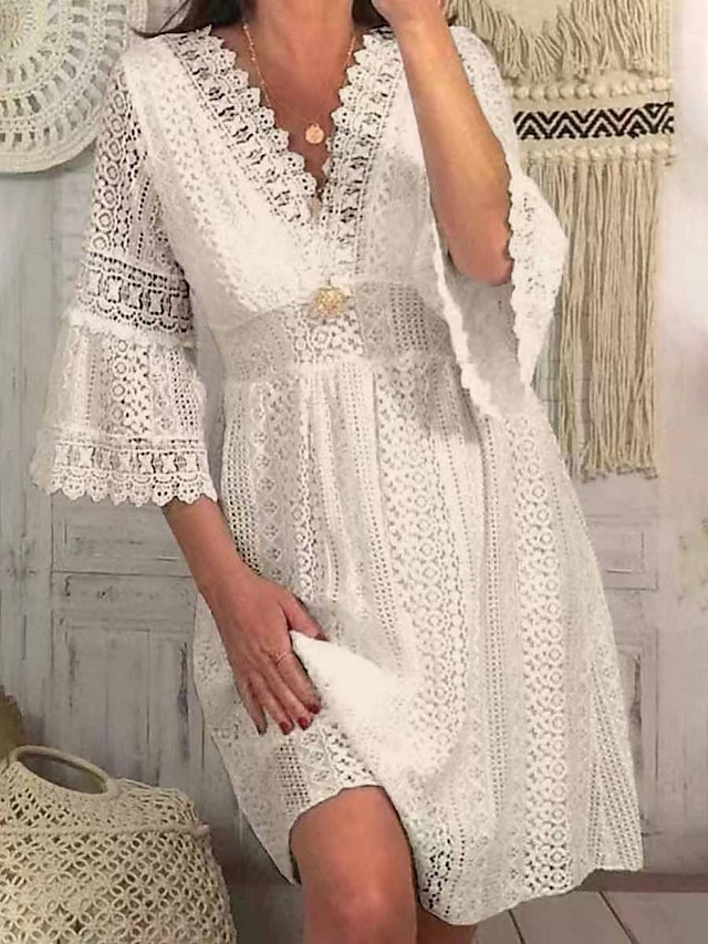  Pentru femei Rochie Mini Rochie albă Rochie de dantela Rochie casual Rochie Boho Casual Sporturi & Exterior Stradă Fit regulat Simplu Lungime Manșon 3/4 În V Alb Caisă Vară Primăvară Toamnă