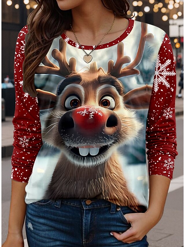  Damen T-Shirt Mode Modern Casual Print Langarm Normal Oberteile Rundhalsausschnitt Alltag Wochenende Wein Herbst Winter