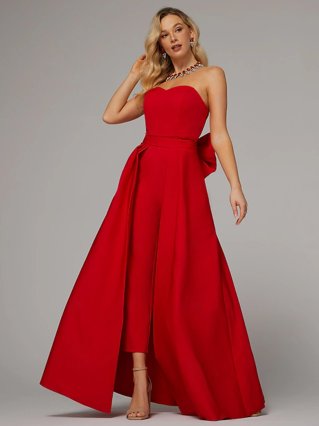 Jumpsuits Evening Gown Elegant Dress Wedding Guest Floor Length Sleeveless Sweetheart Pocket Satin with Bow(s) Overskirt 14