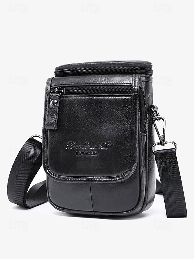  Vintage Brown Leather Crossbody Bag for Men – Compact Shoulder Bag with Zippered Compartments and Adjustable Strap for Everyday Use