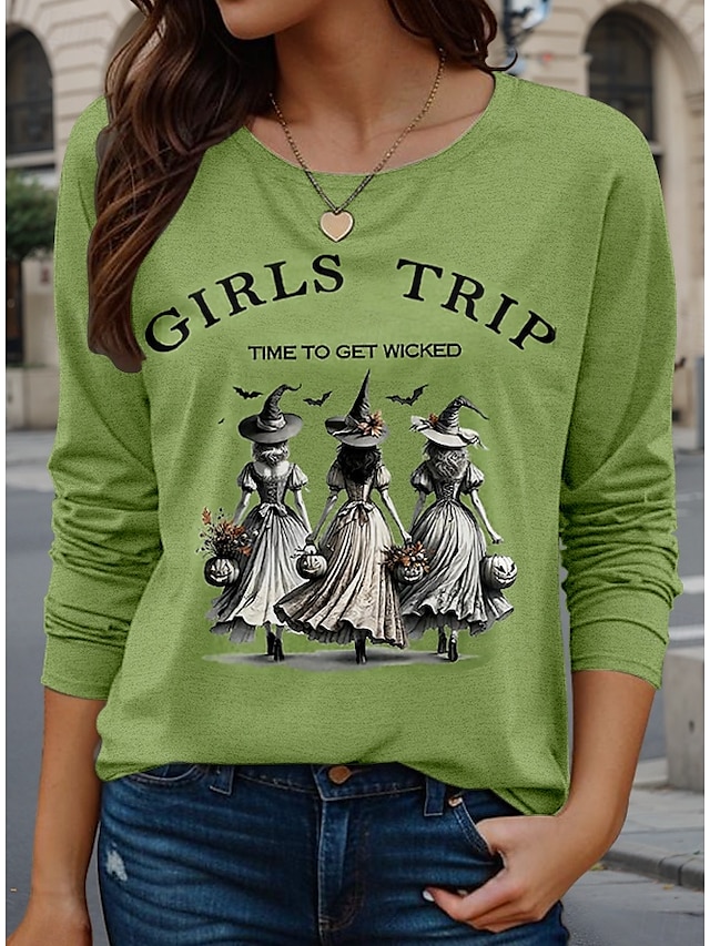  damska koszulka t-shirt casual print długi rękaw regular top okrągły dekolt codzienny zielony wiosna jesień