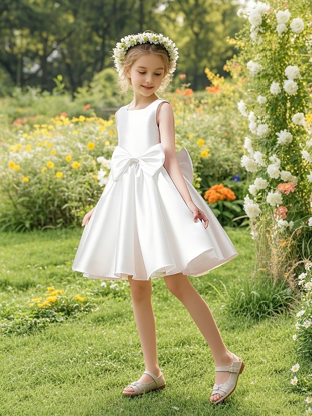  Ball Gown Knee Length Flower Girl Dress Wedding Party Girls Cute Prom Dress Taffeta with Bow(s) Elegant Fit 3-16 Years