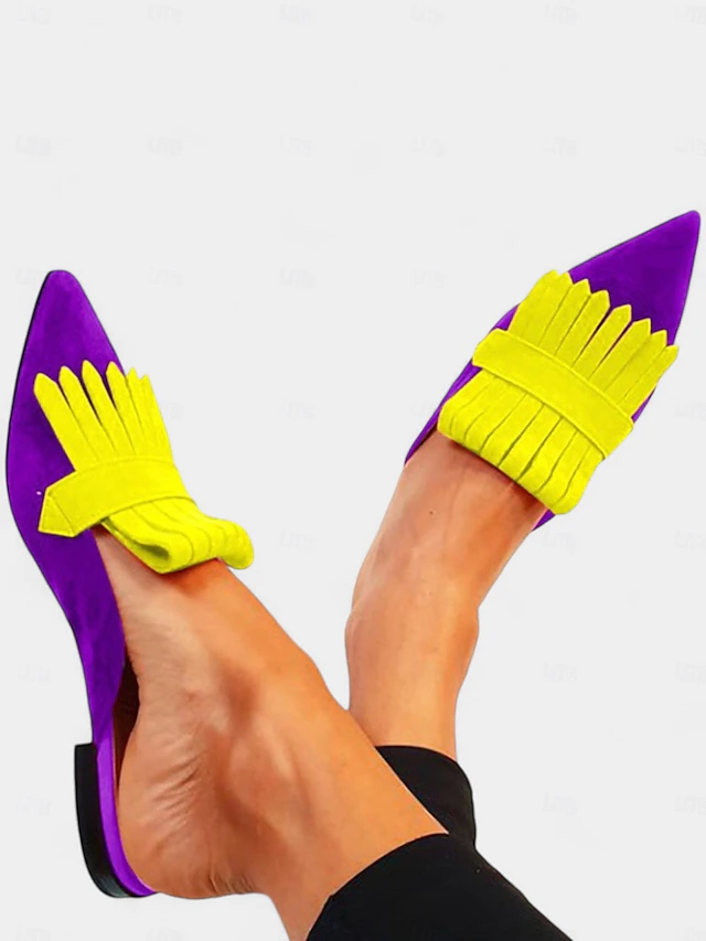 Women's Boho Chic Fringe Pointed-Toe Mules – Vibrant Purple and Orange Slip-On Flats with Suede Finish, Perfect for Casual Outings and Summer Fashion 9