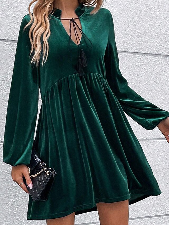 Women's Velvet Dress Mini Dress Ruched Casual V Neck Long Sleeve Green Color 6