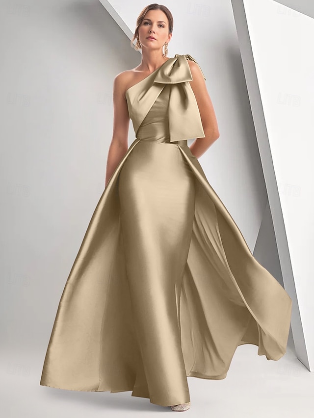  robe de soirée trapèze élégante robe formelle longueur au sol sans manches une épaule automne mariage invité satin avec nœud(s) 2025