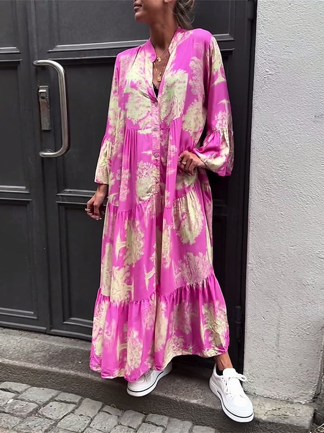  Vestido largo de mujer con escote dividido y flores, manga larga, verano primavera