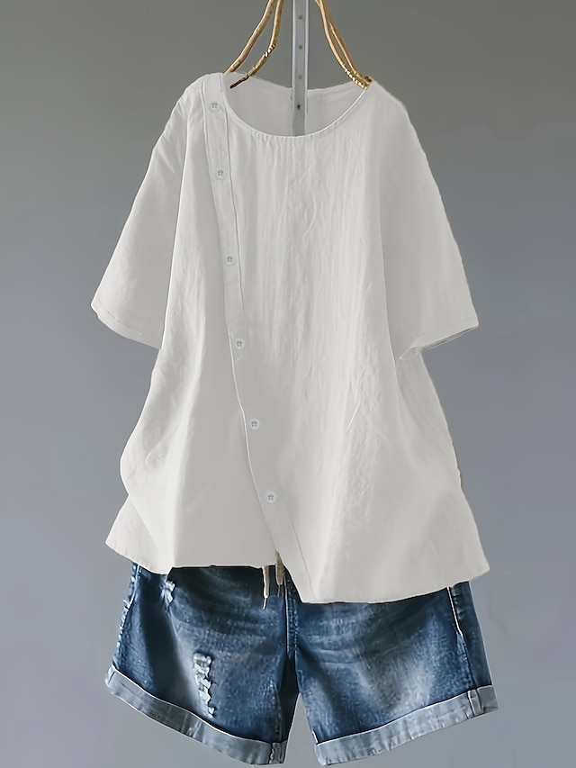  Dame Store størrelser Lin-inspirerte skjorter Bluse عادي Fritid Kortermet Crew-hals Vanlige topper Daglig Knapper Hvit Rosa Kakifarget Alle årstider