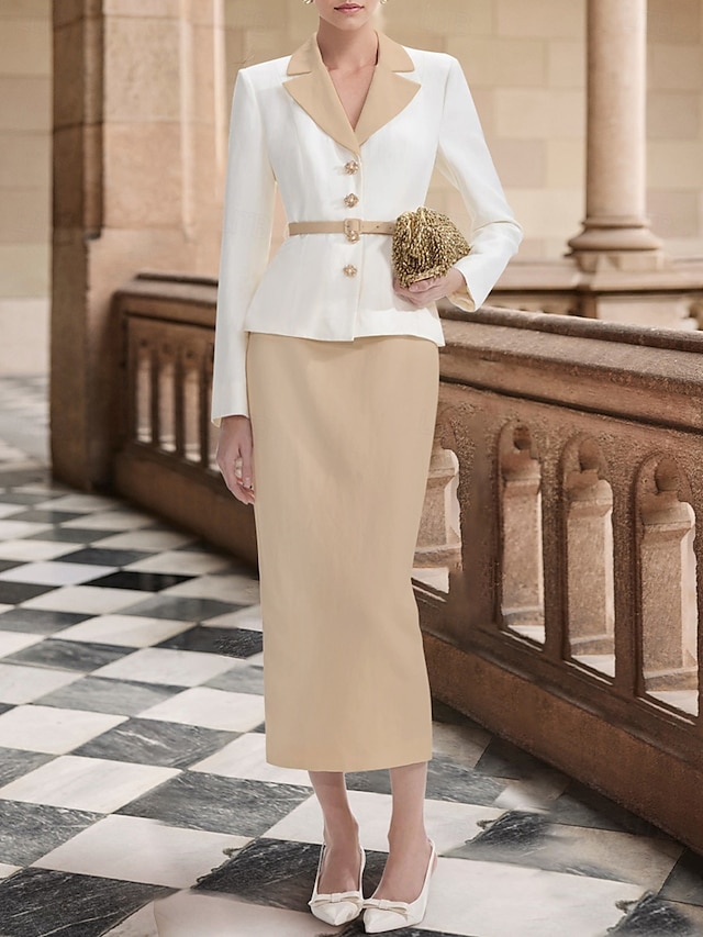  Zweiteiliges Sheath  Säulen Cocktailkleider Tuxedo Kleid Elegantes Kleid Formal Knie-Länge Langarm Reverskragen Stretch Krepp mit Schlitz Kleidern