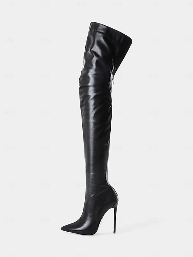 Women's Black Faux Leather Thigh-High Stiletto Boots – Sleek and Sexy Over-the-Knee Design for Clubwear and Evening Glam 13