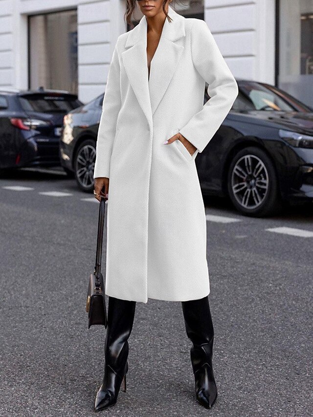 Women's Coat Warm Comfortable Buttons Pocket Elegant Solid Color Casual Daily Single Breasted Long Lapel Regular Fit Long Sleeve Outerwear Black White Red Winter 7