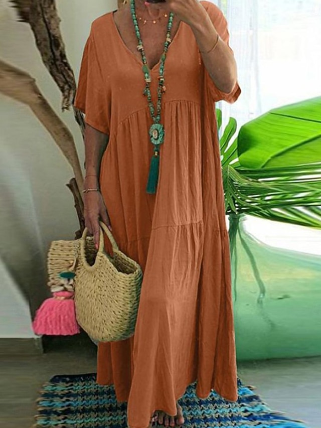  Femmes Vert militaire Orange Kaki Été Robe maxi Robes inspirées du lin Élégant Mode Bureau Quotidien Coupe Ample Col en V