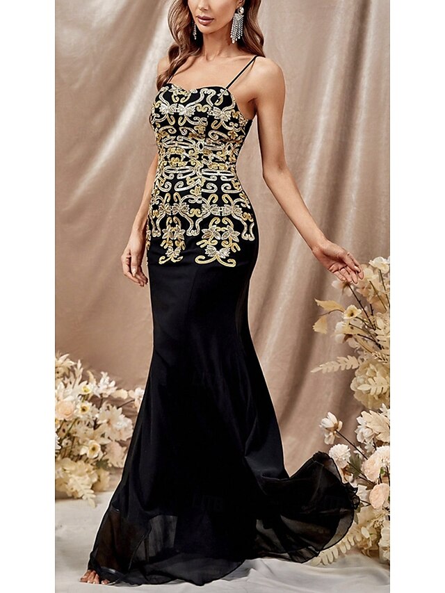  Meerjungfrau/Trompete Abendkleid elegantes Kleid Hochzeitsgast Sweep/Pinsel Schleppe ärmellos V-Ausschnitt Chiffon Satin mit Glitzer 2025