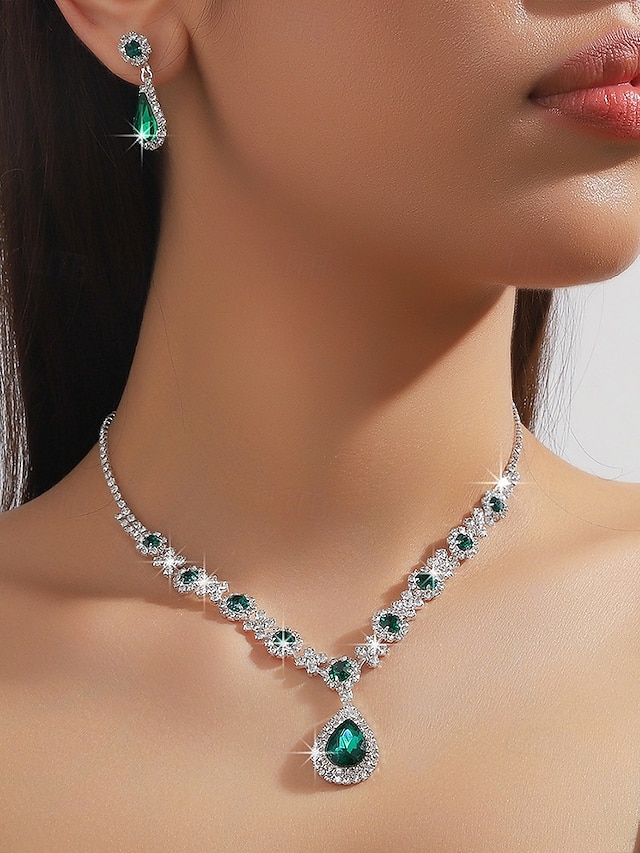  smykkesett med grønne dråper i krystall - halskjede og øredobber med rhinestone-aksenter for kvinner, perfekt for bryllup og formelle begivenheter