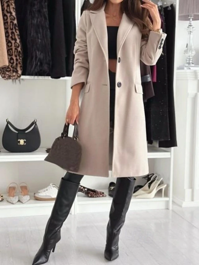 Women's Coat Warm Comfortable Buttons Elegant Solid Color Daily Wear Single Breasted V Neck Regular Fit Long Sleeve Outerwear Black Khaki Coffee Winter 10