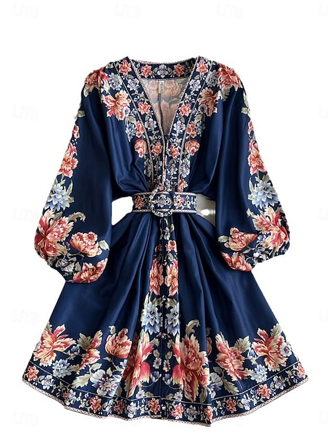  Per donna Vestito longuette Abito casual Vestito svasato Abito linea A Abito boho Vintage Informale Giornaliero Standard Floreale Manica lunga A V Blu scuro Beige Primavera Autunno