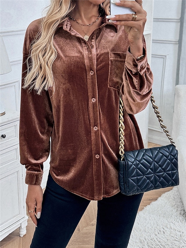 Women's Shirt Blouse Solid Color Basic Casual Long Sleeve Shirt Collar Regular Tops Daily Buttons Pocket Red Brown Green Fall Winter 24