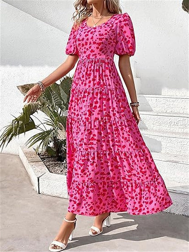  robe longue léopard à col ras du cou et manches courtes pour femme été printemps