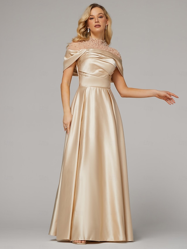  A-Line Evening Gown Elegant Dress Formal Floor Length Short Sleeve Illusion Neck Satin with Ruched Beading