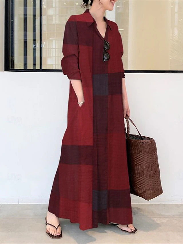 Women's Plaid Shirt Collar Maxi Dress Long Sleeve Spring Fall 5