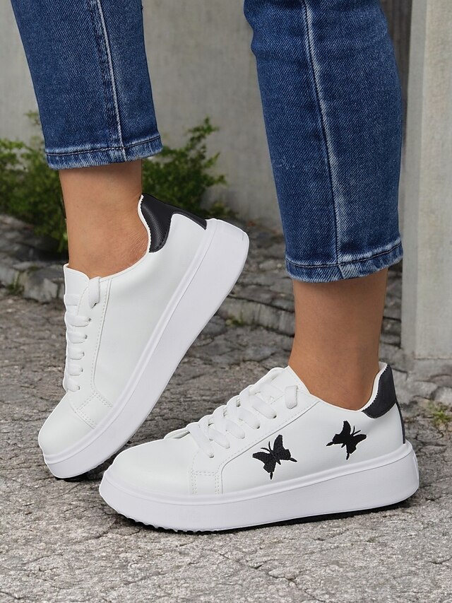 Women's White Platform Sneakers with Butterfly Embroidery | Casual Lace-Up Shoes for Everyday Wear 16