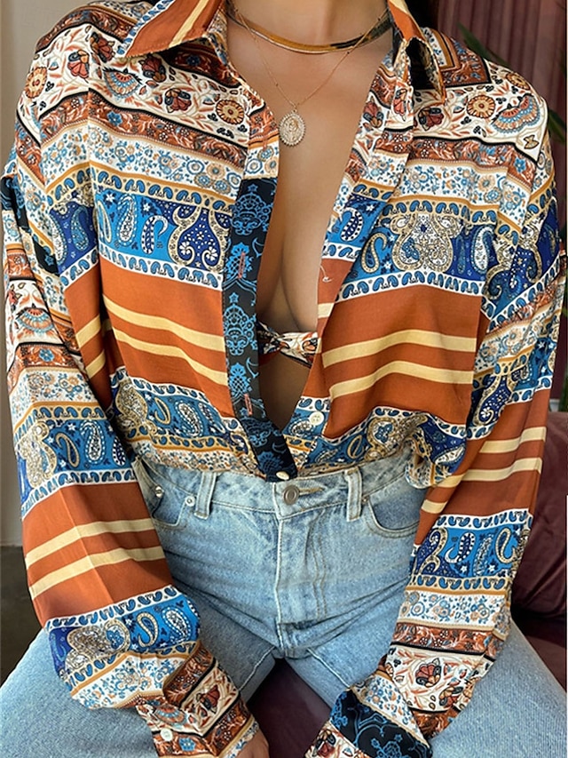  Damen Hemd Bluse Graphic Farbblock Gestreift Basic Brautkleider schlicht Langarm Hemdkragen Normale Oberteile Täglich Knopf Bedruckt Orange Braun Beige Herbst Winter