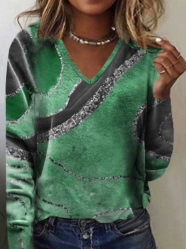  Damen T Shirt Marmordruck Modisch Modern Brautkleider schlicht Langarm Rundhalsausschnitt Normale Oberteile Täglich Wochenende Bedruckt Blau Grün Khaki Herbst Winter