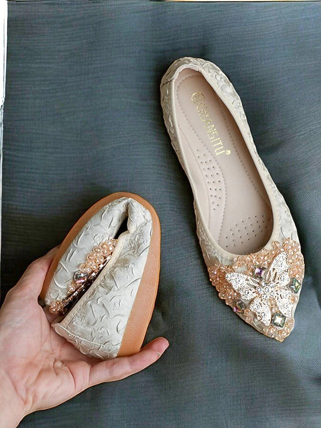 Women's Foldable Embroidered Ballet Flats with Beaded Butterfly Design - Comfortable and Stylish Wedding Shoes 10