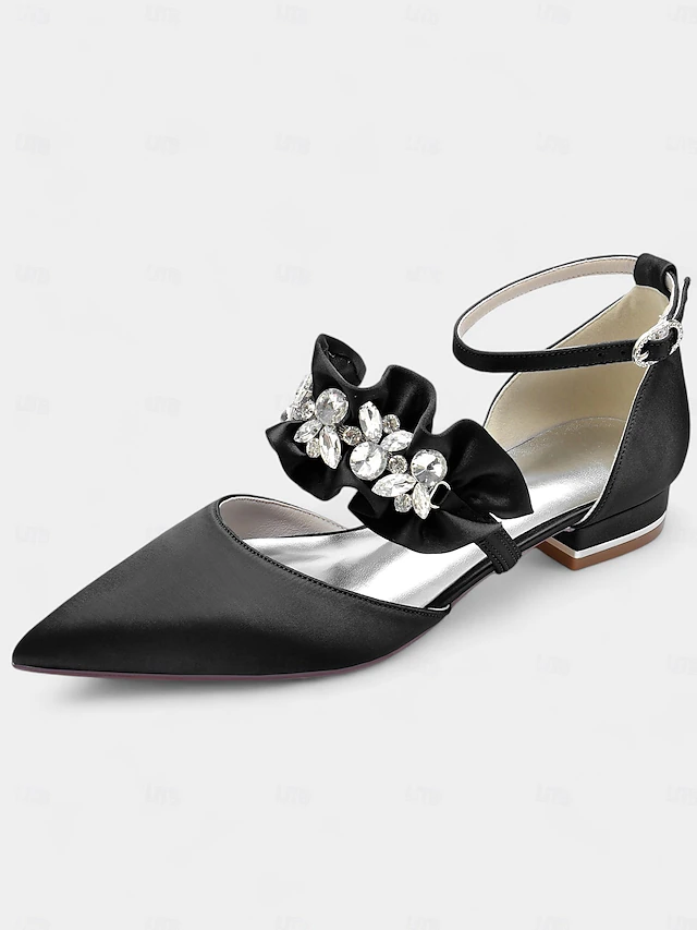Women's Black Satin Pointed-Toe Flats with Rhinestone Floral Embellishments – Elegant Shoes for Weddings and Formal Events 18