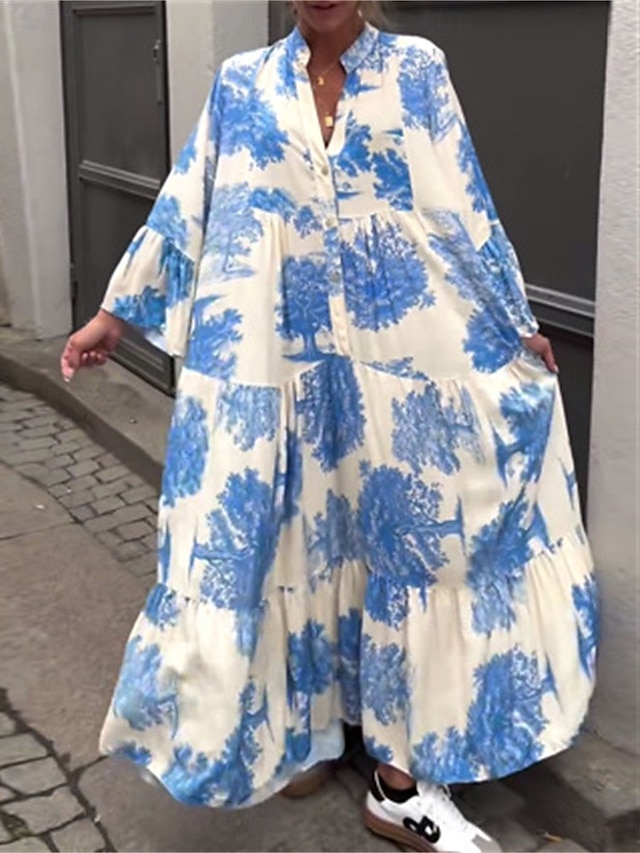  robe longue à fleurs pour femmes, col fendu, manches longues, été, printemps