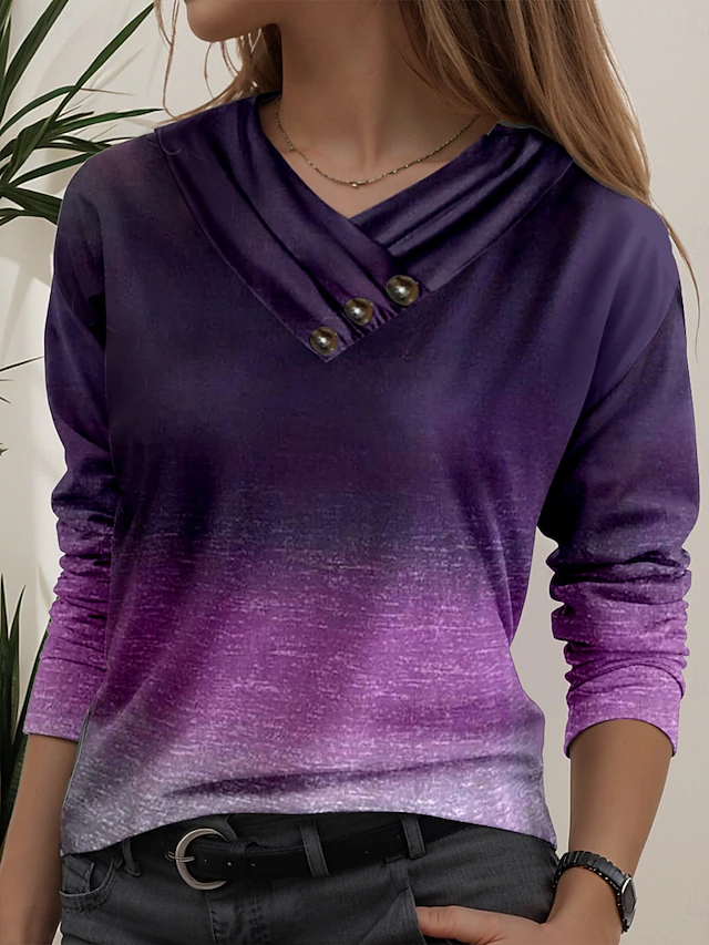 Women's Tunic T Shirt Ombre Stylish Casual Long Sleeve V Neck Regular Tops Daily Buttons Print Purple Spring Fall4