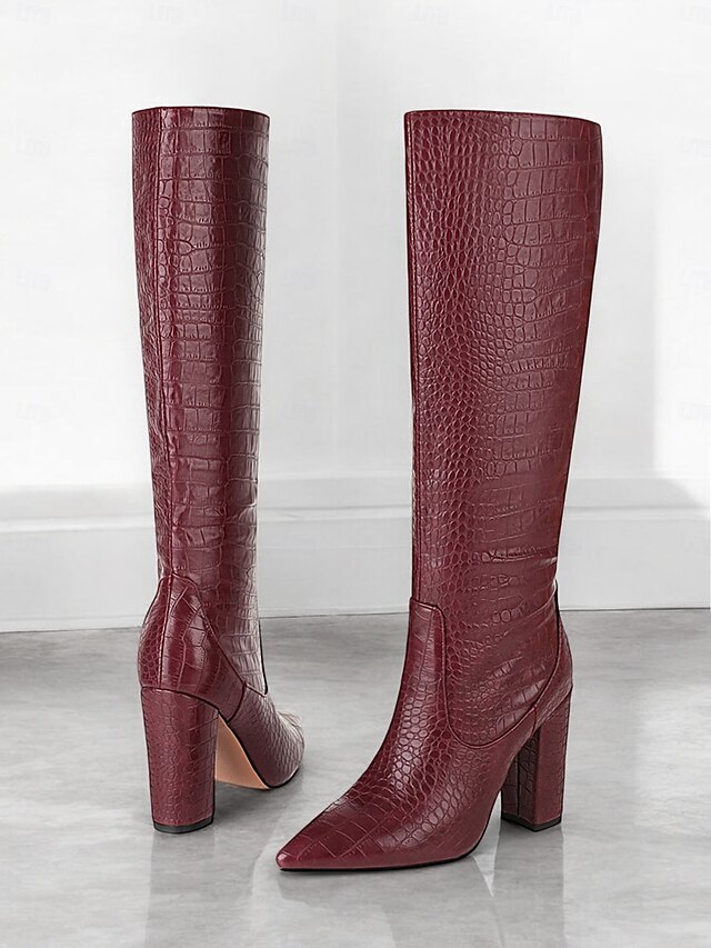 Burgundy Croc-Embossed Knee-High Boots for Women – Stylish Pointed-Toe Block Heel Boots for Fall and Winter Fashion 19
