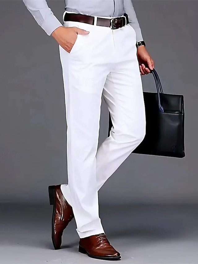  Men's Dress Pants Trousers Chinos Buttons Pocket Solid Colored Comfort Formal Party Work Fashion Classic Style Black White Micro-elastic