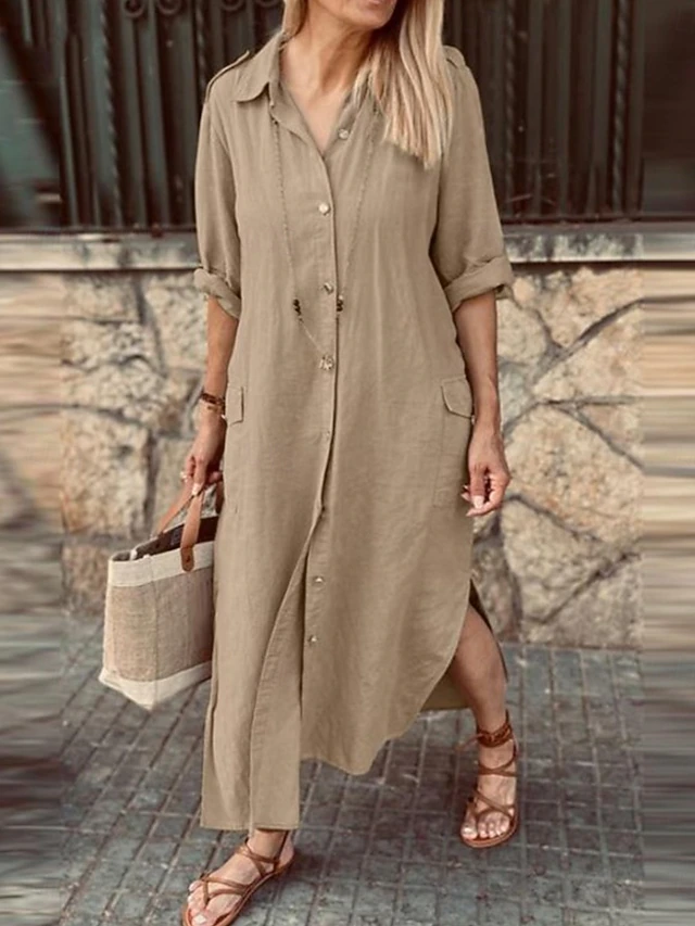 Women's ArmyGreen White khaki Spring Fall Maxi Dress Linen-Inspired Dresses Elegant Fashion Outdoor Party Loose Fit Shirt Collar 6