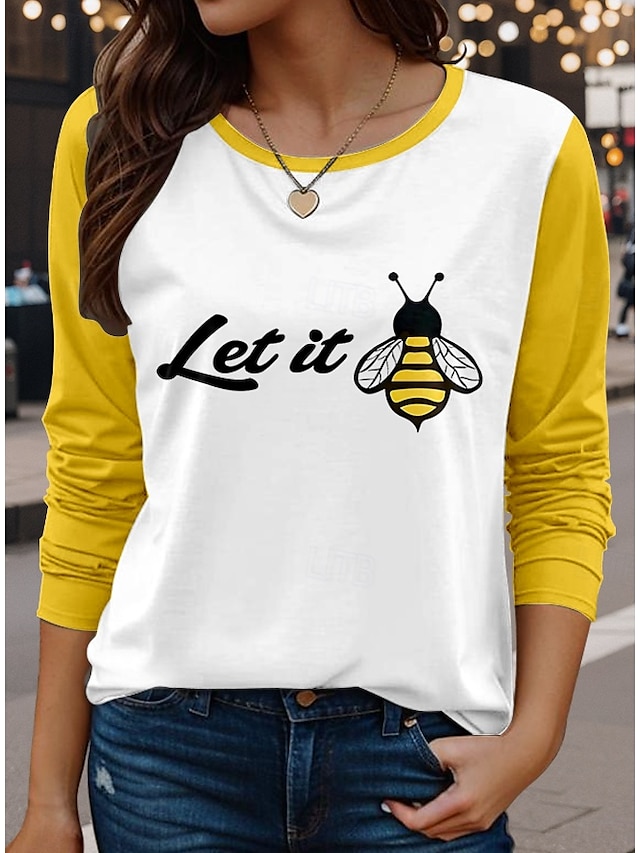  Femmes T-shirt Lettre Les abeilles Occasionnel manche longue Col ras du cou Hauts Réguliers Quotidien Imprimé Jaune Printemps Automne